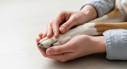 両手で優しく包まれる犬の足先と人の温かな愛情表現