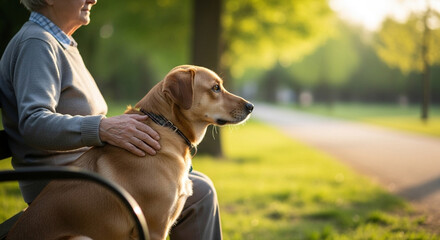 公園のベンチで犬と一緒に景色を眺める高齢女性の穏やかな時間