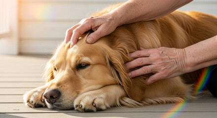 虹色の光に包まれて飼い主に撫でられるゴールデンレトリーバーの至福の表情