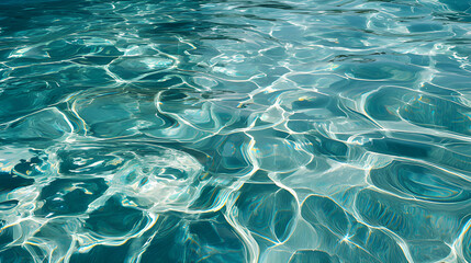 Obraz premium Swimming pool blue water surface. Shimmering blue water with distinct patterns of light reflecting and refracting on its surface. 
