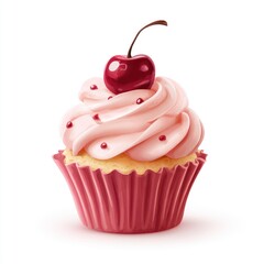 Isolated cupcake, pink frosting, cherry on top, red sprinkles