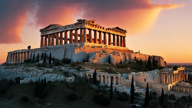 Ancient Parthenon Temple Acropolis Athens Sunset Ruins Columns Greece Hilltop Skyline