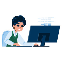 Young programmer writing code on desktop computer, smiling child developing software