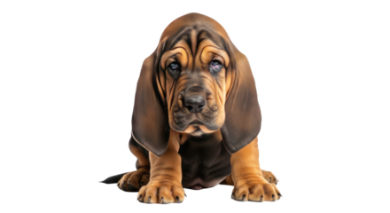 Adorable Bloodhound on white: hunting dog with droopy eyes and loose skin.