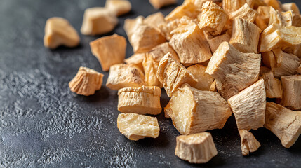 Close-up of dried galangal root pieces with a rough texture, their light brown color contrasting with the dark background.