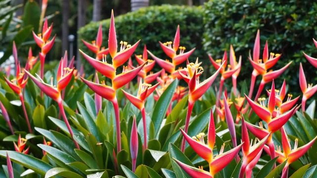 Wide shot of tropical flowers in full bloom across a vibrant garden