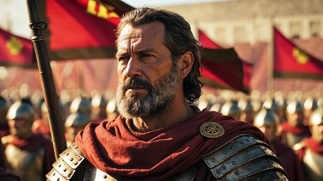 Ancient Roman general in detailed armor standing before soldiers with red banners, battlefield atmosphere capturing strength, power and leadership