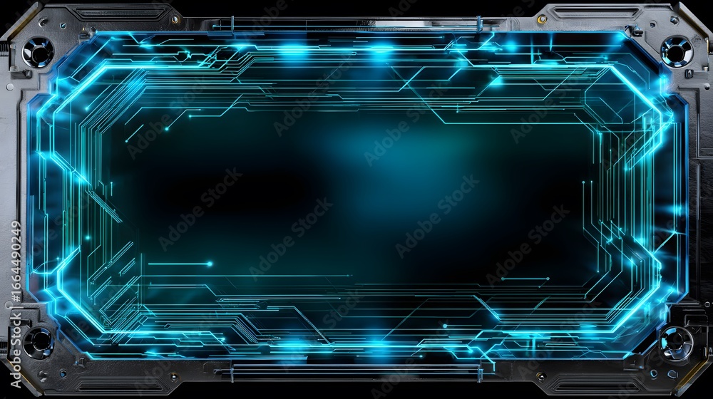 Poster futuristic tech frame with blue circuitry and illuminated edges