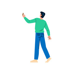 Young man walking and pointing with finger vector illustration
