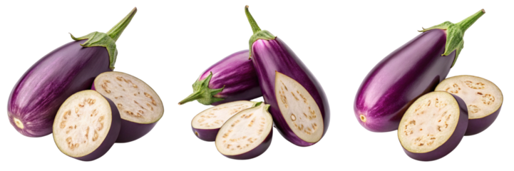 Set of purple color eggplant isolated on a transparent background