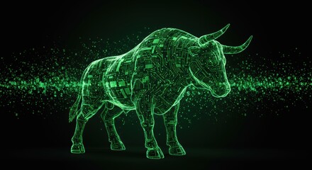 Digital bull embodies financial technology and modern market trends in a glowing green circuit board design with binary code