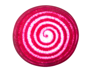 Chioggia beet round slice with candy-cane spiral rings and concentric red-white bands, crisp root vegetable cross-section on isolated background