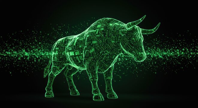Digital bull embodies financial technology and modern market trends in a glowing green circuit board design with binary code