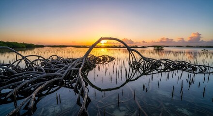 Mangrove roots reflecting in water at sunrise, a serene coastal landscape.