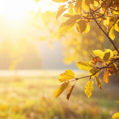 Obraz premium Golden leaves capture the essence of autumn, with sunlight creating a beautiful natural ambiance. The view evokes feelings of warmth and tranquility