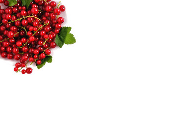 natural red currants on a white background in a plate, top view, copy space