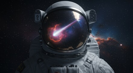 Astronaut helmet reflects vibrant nebula and shooting star against a starry night sky evoking wonder and exploration