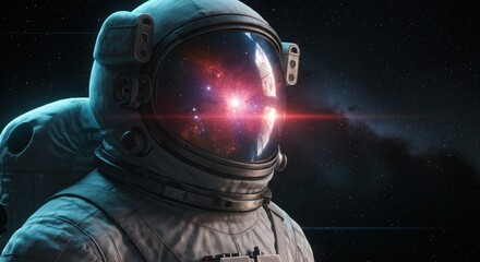 Fototapeta premium Astronaut explores deep space with nebula reflecting on visor showing the wonder of the universe and cosmic exploration