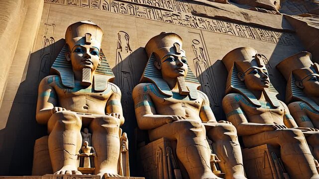 Ancient Egyptian statues carved in sandstone at Abu Simbel temple complex with detailed hieroglyphs illuminated by warm desert sunlight