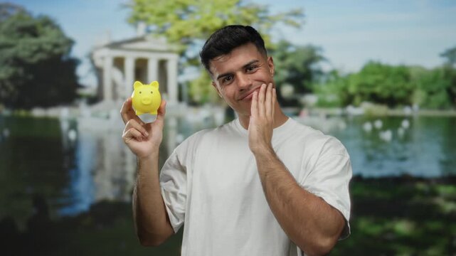 Young man in white t-shirt holding yellow piggy bank in a sunny park with a temple in the background, showcasing a thoughtful expression outdoors.