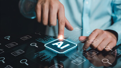 A businessman in formal suit interacting with a digital AI interface, with glowing futuristic icons. The focus is on artificial intelligence, innovation, and future technology.