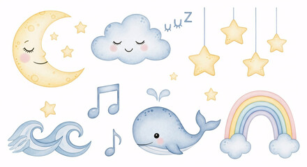 Fototapeta premium Watercolor Nursery Bedtime Illustration Set with Moon, Stars, Cloud, Whale, Rainbow and Dreamy Night Elements 