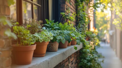 Fototapeta premium Window ledge with potted plants and brick wall in a charming urban setting with natural light
