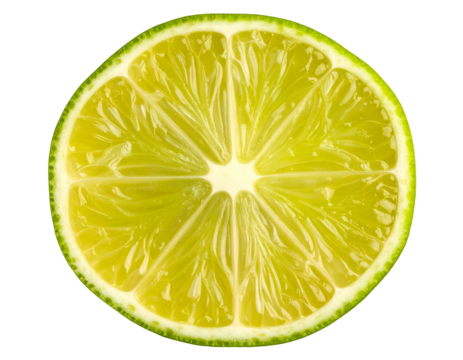 Lime round slice citrus cross-section with green rind and translucent juicy segments, fresh zesty detail captured on isolated background