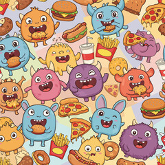 Seamless Pattern, Colorful cartoon monsters enjoying fast food in a vibrant seamless pattern Stock royalty free © Supriatna