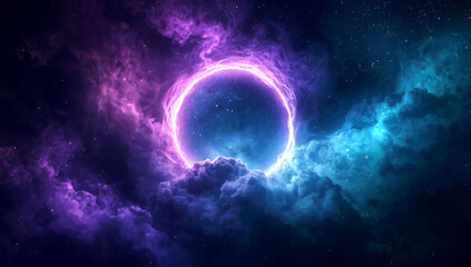 Obraz premium Stunning cosmic portal shining with vibrant neon colors in a mysterious nebula cloudscape