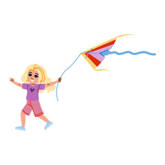 Happy child running and playing with colorful kite in summer
