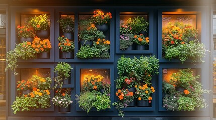 Obraz premium Vertical garden display with orange flowers and green plants in dark blue framed containers outdoors