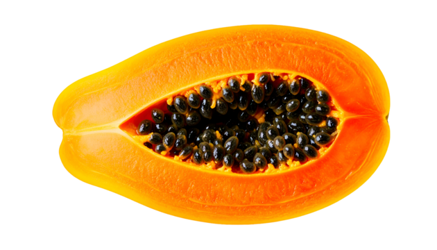 Papaya half longitudinal cut filled with clustered black seeds and orange flesh, ripe tropical fruit macro on isolated background