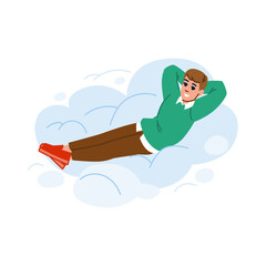 Young man relaxing lying on cloud with hands behind head