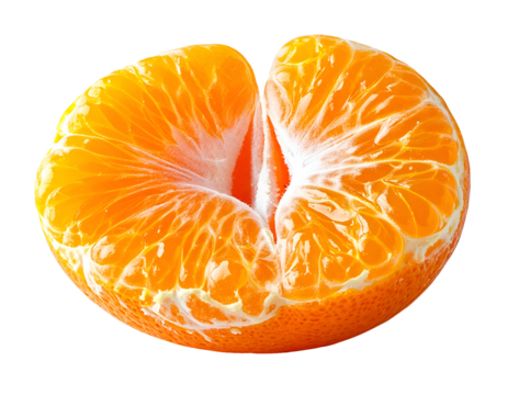 Peeled mandarin orange half opened to reveal glossy juicy segments and white pith, detailed macro cross-section on isolated background