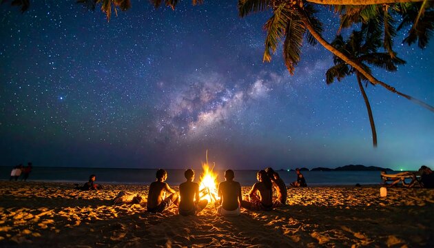 Night Beach Bonfire Milky Way
