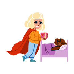 Superhero girl bringing hot beverage to sick teddy bear in bed