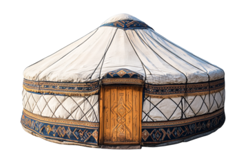 Traditional nomadic yurt tent with wooden door on transparent background