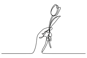 Elegant single line drawing of a hand holding a tulip flower
