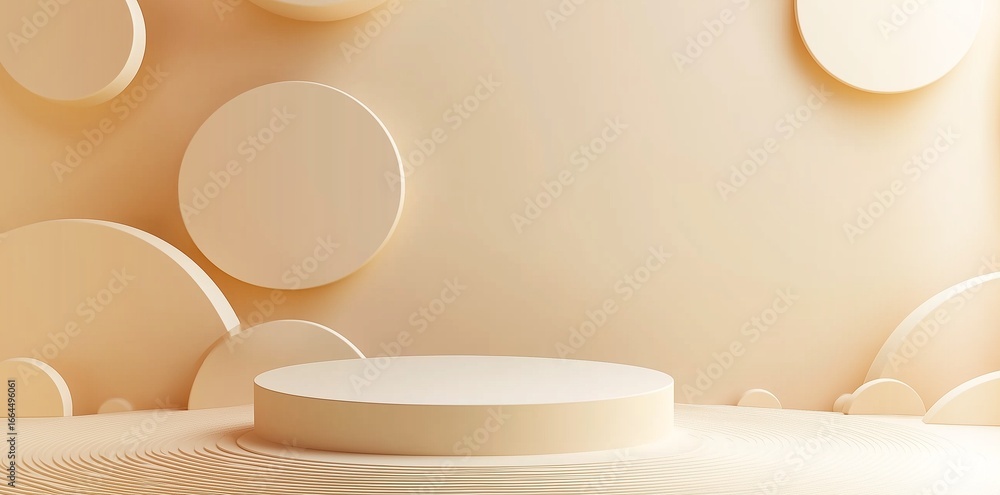 Poster beige product display stage with circular backdrop and textured floor for presentation and marketing