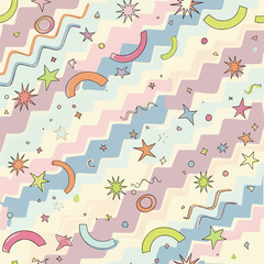 Seamless Pattern, Colorful abstract pattern with stars, circles, and geometric shapes design Stock royalty free image.