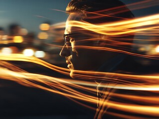 Businessman in glasses surrounded by dynamic golden light trails, futuristic motion effect in urban night