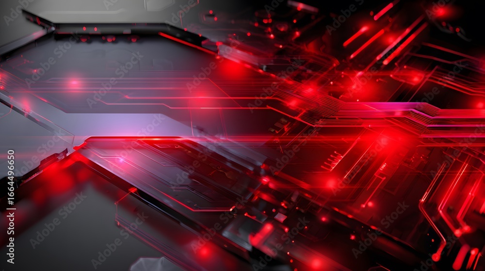 Poster abstract digital circuitry with glowing red nodes and pathways