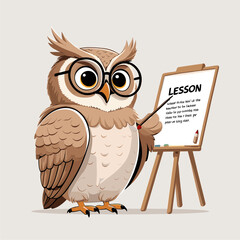 Wise Cartoon Owl Teacher with Glasses Pointing at Lesson Whiteboard, Education and Knowledge Concept