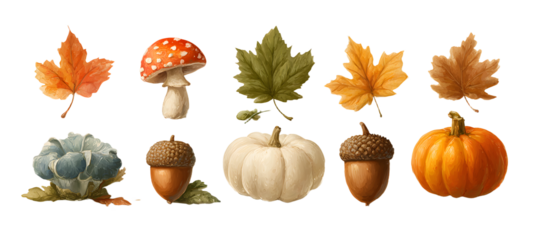 Vector autumn elements. Mushroom, acorn, maple leaves and pumpkin isolated on white background. Perfect for seasonal holidays, Thanksgiving Day
