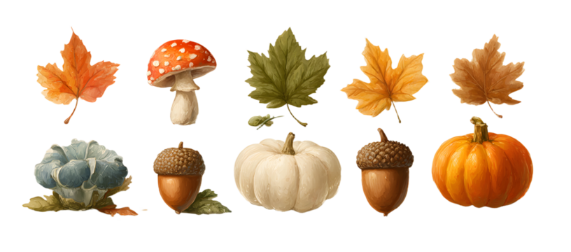 Vector autumn elements. Mushroom, acorn, maple leaves and pumpkin isolated on white background. Perfect for seasonal holidays, Thanksgiving Day