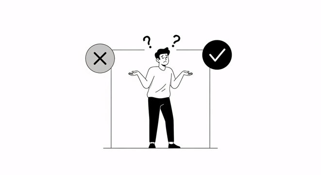 Decision Making Illustration with Confused Man Choosing Between Right and Wrong Options 
