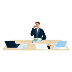 Businessman eating sandwich at office desk during lunch break