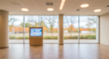 Modern Office Lobby, Blurred Background, Large Windows, Autumn View