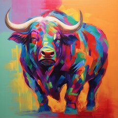 Obraz premium A vibrant painting of a bull with dynamic, colorful paint strokes standing on an abstract background